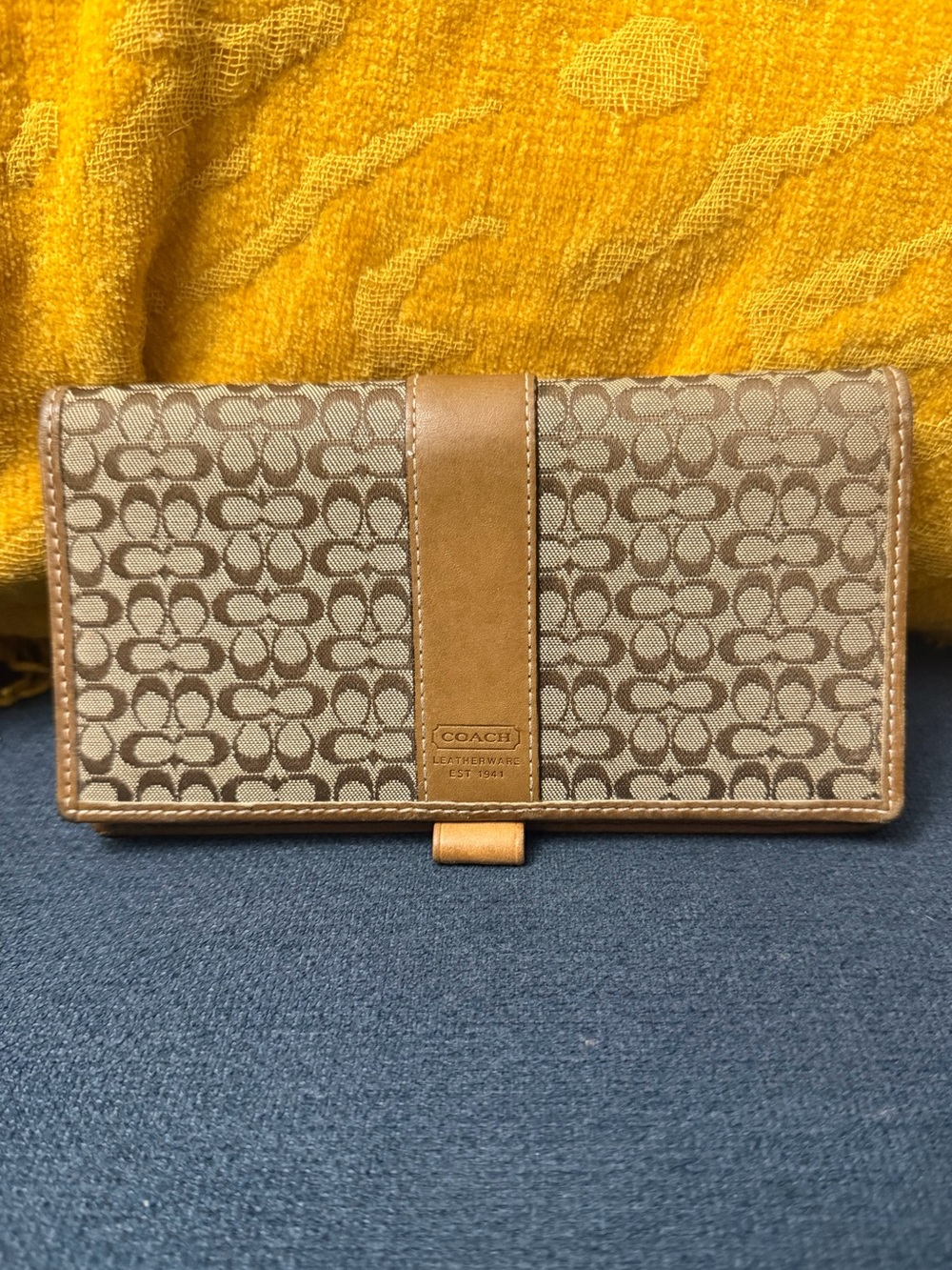 Coach Checkbook Cover Brown Signature C Jacquard, Leather Trim & Pen Loop Y2K
